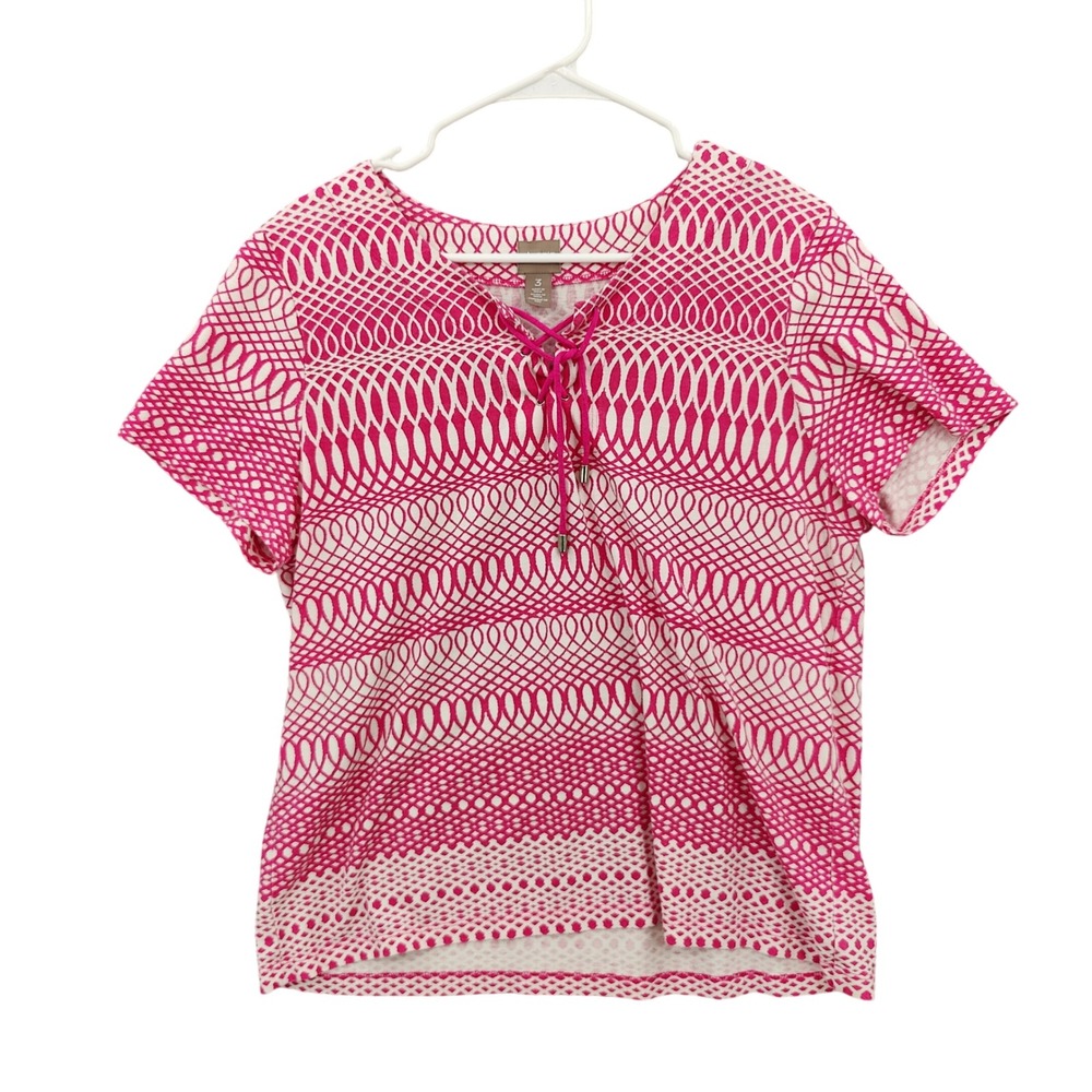 Chicos Women 3 XL Pink White Geometric Lattice Lace Up Neck Short Sleeve Top